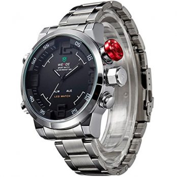 Alienwork DualTime | digitale armbanduhr | schwarz-silber edelstahl Uhr