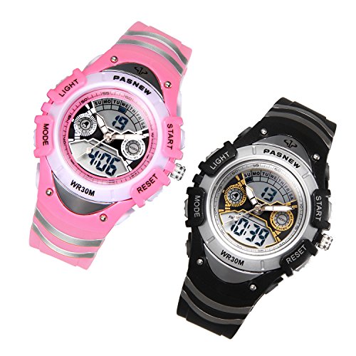 Jewelrywe Kinder Junge Madchen Armbanduhr 30m Wasserdicht 1224h Zwei Zeitzone Digital Elektronische Uhr Sportuhr Mit Led Licht Alarm Stoppuhr Datum Und Farbe Schwarz Pink Uhr2 De