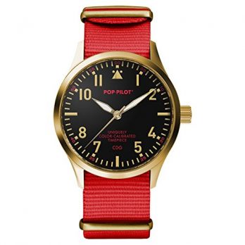 Pop-Pilot Uhr | Armbanduhr Pilgrim | Analoguhr | Schwarz-Rot-Gold Armbanduhr | Armbanduhr mit rotem nylon band